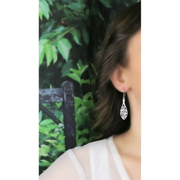 Sterling Silver Swirl Leaf Earrings Long Dangle Drop Earrings - Picture 3 of 7